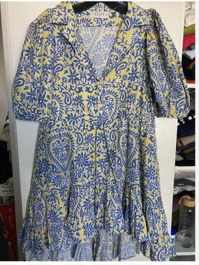 KLEID For Her Blue /Yellow Summer Sundress Puff Short Sleeve Women Size S